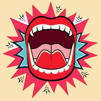 Editable Illustration Open Screaming Mouth with Dynamic Pop Art Energy Burst vector