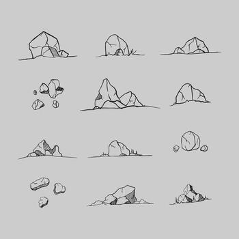 Illustration of various rock formations, showcasing different shapes, sizes, and textures, drawn in a simple line art style. vector