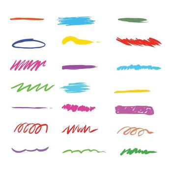 A collection of colorful, hand drawn brush strokes and scribbles in various shapes and hues, isolated on a white background. vector