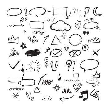 A diverse set of hand-drawn doodle elements including arrows, speech bubbles, stars, and abstract shapes on a white background. vector
