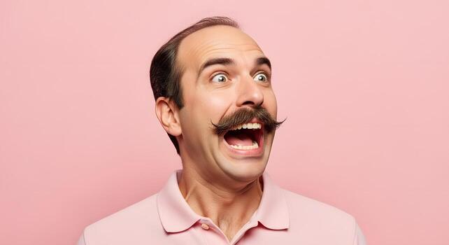 Man with a large mustache and open mouth looking surprised against a pink background, expressive face, funny expression photo