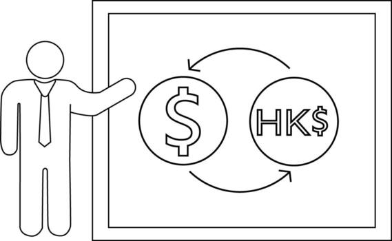 sketch of presentation person icon and icon of converting dollar coins to Hong Kong dollars vector