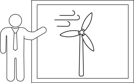 sketch of a presentation person icon and a windmill icon being blown by the wind vector
