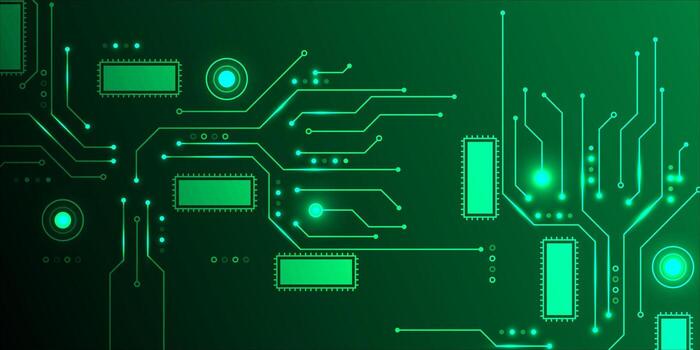 Glowing Green Circuit Board Design with Integrated Components and Traces. vector
