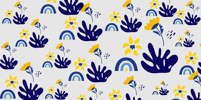 vistoso floral y frondoso modelo con arcoiris y resumen elementos. vector