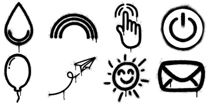 Collection of black and white graffiti icons created in spray paint style. set includes symbols such as water drop, rainbow, hand click, power button, balloon, paper plane, smiling sun, and envelope. vector