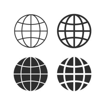 A set of globe icons in black and white, featuring grid patterns. These icons represent the Earth, global networks, or world maps, perfect for digital or web design. vector