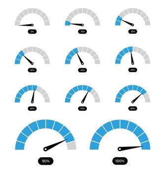 A set of blue gauge icons representing various percentage levels from 0 to 100 percentage. The blue color indicates progress, ideal for visualizing performance, progress tracking, or completion. vector