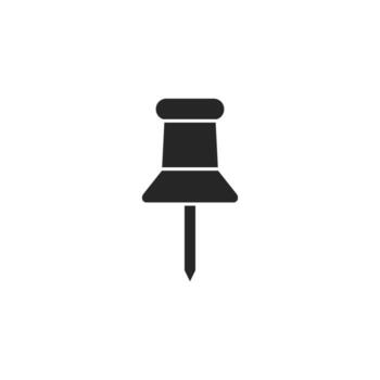 Black push pin icon representing reminders, location markers, and office stationery. Useful for maps, notes, schedules, and task management designs. vector
