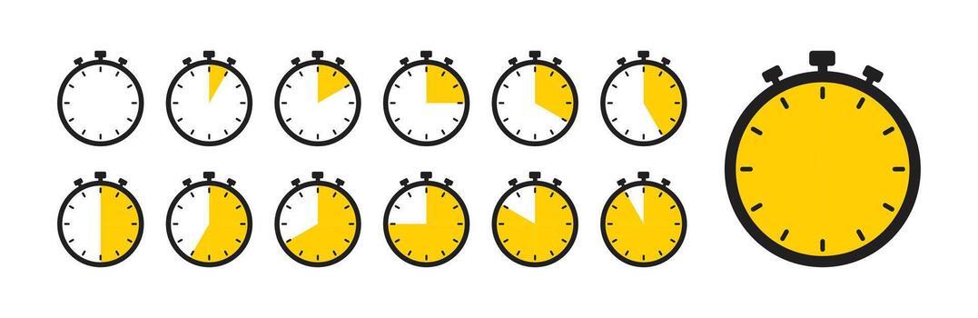 A set of stopwatch icons with yellow segments representing time progress. The icons feature varying amounts of yellow, ideal for tracking intervals, tasks, and countdowns. vector