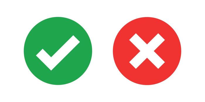 Green checkmark icon and a red cross icon on round shape background represents correct incorrect, approval disapproval, or true false. vector