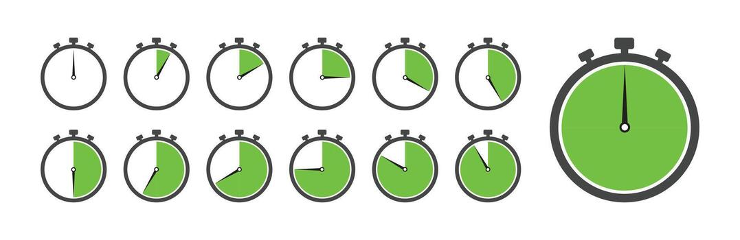 A set of stopwatch icons showing green segments that represent time progress. The varying levels of green indicate different time intervals, ideal for task tracking, countdowns, and progress. vector