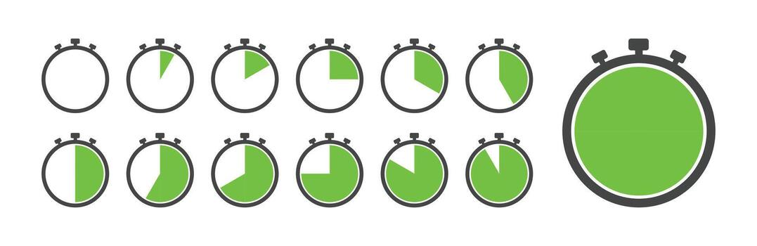 A set of stopwatch icons featuring green segments representing progress or countdown, ideal for illustrating time intervals, tasks, or progress tracking. vector