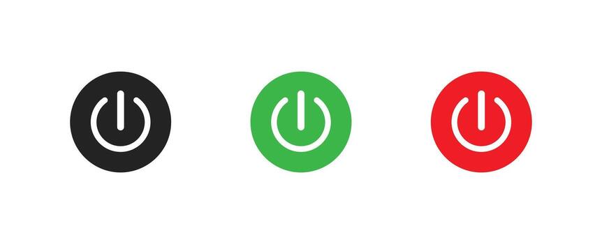 A set of power button icons displayed in black, green, and red. These symbols represent on and off functions, widely used in technology, electronics, and digital interface designs. vector
