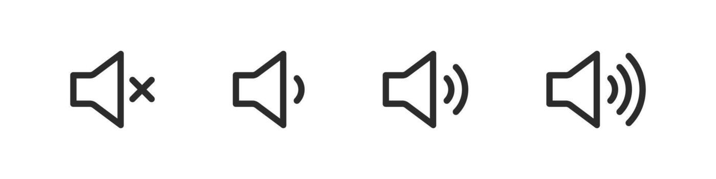 Audio volume icons showing mute, low, medium, and high sound levels. Useful for audio control, music apps, sound settings, and multimedia design. vector