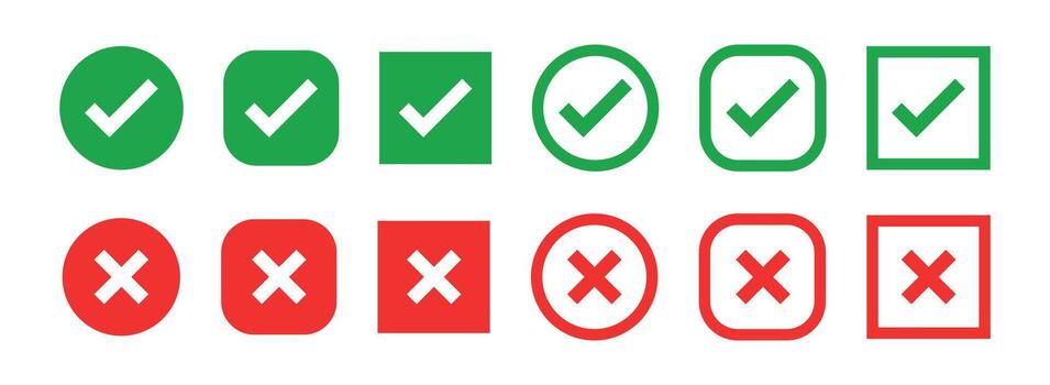 Green checkmark icon and a red cross icon. These symbols are commonly used to represent correct incorrect, approval disapproval, or true false. vector