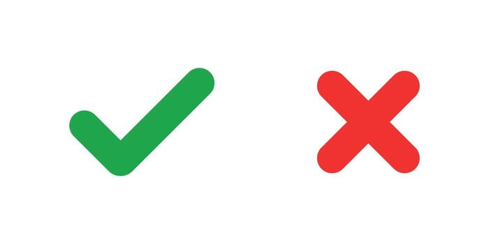Green checkmark icon and a red cross icon. Used to represent correct incorrect, approval disapproval, or true false. vector