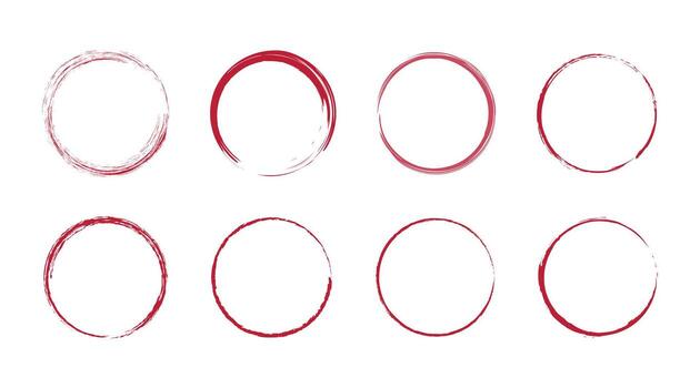 Red grunge circular brush stroke icons for highlighting, emphasis, marking, and decorative design. Perfect for notes, reminders, and creative graphic elements. vector