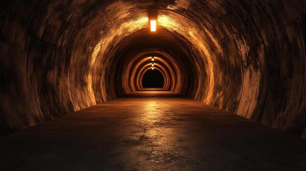 A long tunnel with a light at the end. The tunnel is dark and empty photo