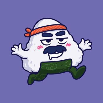 onigiri dibujos animados personaje con un Bigote y sombrero corriendo vector