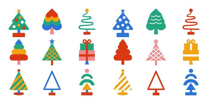 Modern Colorful Christmas Tree Icons on Light Background Featuring Geometric and Abstract Holiday Trees with Presents and Stars vector