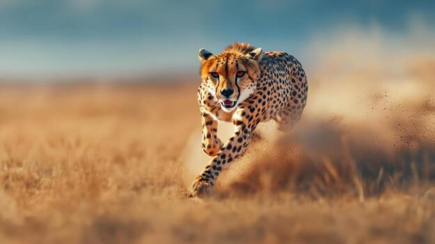 A cheetah running through the grass in the wild photo