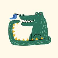 linda cocodrilo y pájaro niños dibujos animados ilustración vector