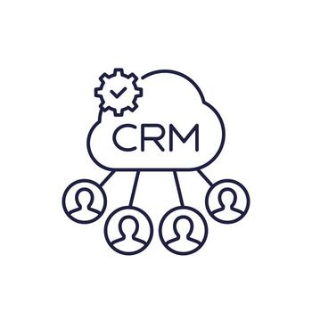 CRM icon with customers and cloud, line vector