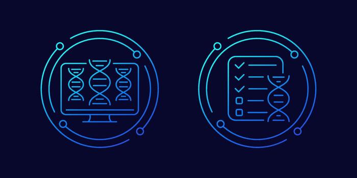 bioinformatics icons, analysis of genetic data and dna, linear design vector