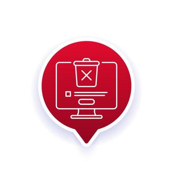 Eliminar icono con basura compartimiento y ordenador personal, línea vector