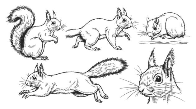Five detailed line drawings of squirrels in various poses and a close up of a squirrel s head silhouette vector