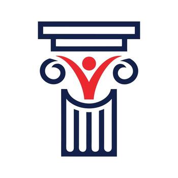 Red human figure with arms raised on blue column with scrolls pillar architecture vector