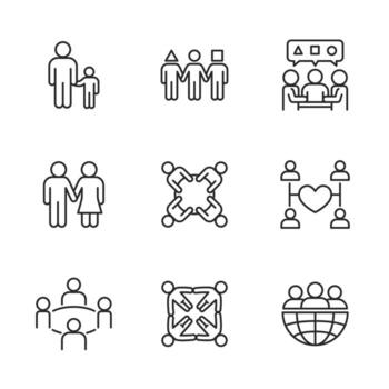 Set of diversity and inclusion line icons showing unity, equality, teamwork, and community. vector