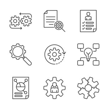 Gear and document line art icon set with search, analysis, workflow, and business process organisation. vector