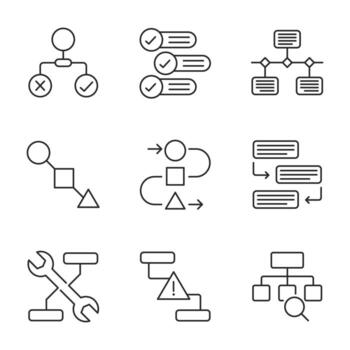 Business flowchart line art diagram icon set with process, checklist, analysis, and organisation. vector