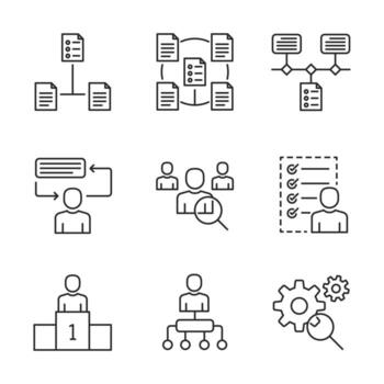 Line art diagram icon set for business workflow including documents, communication, people, tasks, leadership, management, and process analysis in organisation. vector