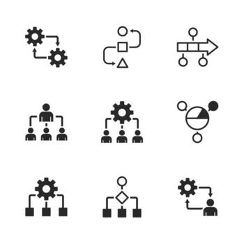negocio fluir gráfico icono conjunto demostración flujo de trabajo, proceso automatización, datos análisis, y equipo administración estrategia vector