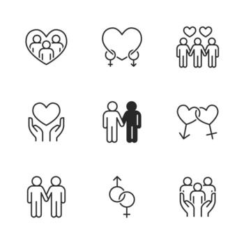 Set of diversity and inclusion line icons showing unity, equality, love, and community support. vector