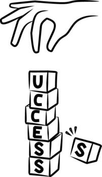 ilustración de dedo señalando a apilado cubitos formando el palabra éxito con uno cubo descendente, simbolizando éxito viene mediante fracaso y persistencia a subir de nuevo en motivacional dibujos animados estilo vector