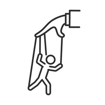 hand controlling puppet icon, manipulation puppeteer authority, social influence, thin line symbol on white background vector