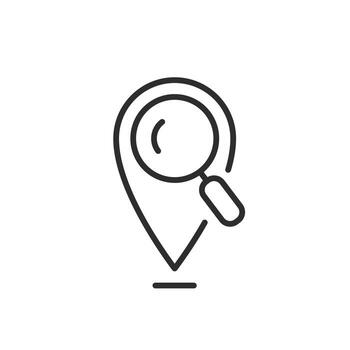 location search icon, map searching, magnifying glass with locator, thin line symbol on white background vector