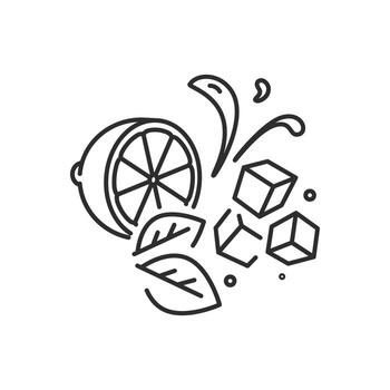 fresh lemon icon, refreshing lime with ice cubes, juice splash drops, line symbol on white background vector