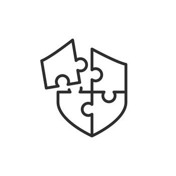 puzzle shield icon, cyberspace safety, virus security, protect solution, thin line symbol on white background vector