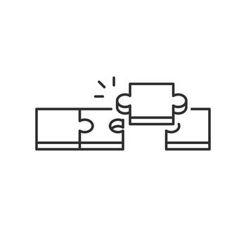 isometric puzzle icon, jigsaw solution idea, teamwork elements, thin line symbol on white background vector