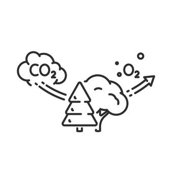 cleaning air icon, trees absorbs CO2 and production O2, recycling carbon into oxygen, thin line symbol on white background vector