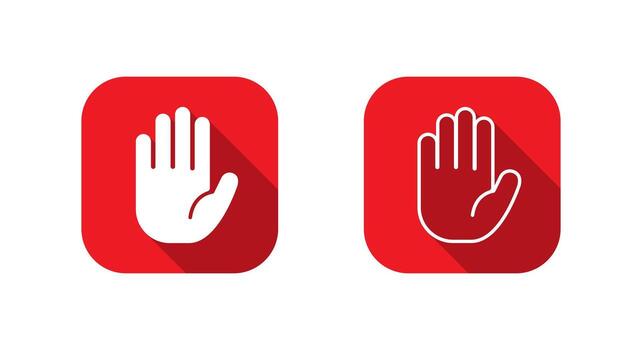 Palm hand icon with long shadow. Stop and attention gesture symbol in red square vector