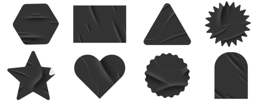 Realistic collection of black stickers with folds. Wrinkled glued labels different shapes and forms. Adhesive scotch tape, wrinkled paper texture vector
