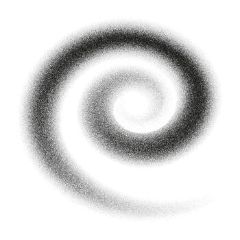 Noise spray swirl gradient shape. Charcoal splashes, grain effect. Dot dissolve texture. Black stippled spiral object. Dissolving sand dust texture. vector