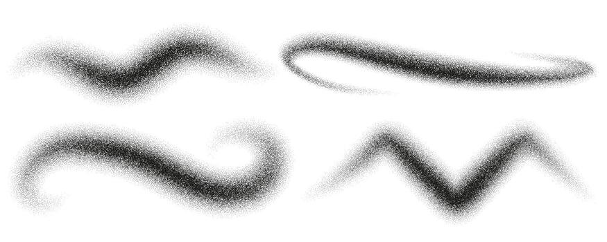 Noise spray wavy gradient shapes. Charcoal splashes, grain effect. Dot dissolve texture. Black stipple pattern vector