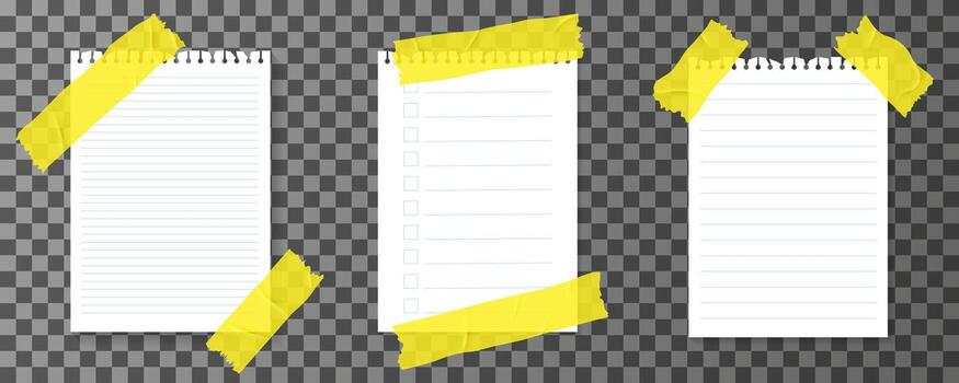 Set of lined sheets of paper with adhesive duct tape. Blank pages for text. Empty notebook pages for notes and message with yellow sticky strips. vector